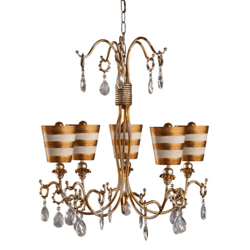 Modern Hanging Tivoli 5 Light Striped Gold Shaded 30 In Unique Chandelier Pendant Ceiling Lighting Fixture Cream Patina with Gold and Silver accents for Dining Room Bedroom Kitchen Island Living Room-Lighting LumensPendant Lights