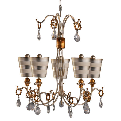 Modern Hanging Tivoli 5 Light Striped Silver Shaded 30 In Unique Chandelier Pendant Ceiling Lighting Fixture Cream Patina with Silver and Gold accents for Dining Room Bedroom Kitchen Island Living Room-Lighting LumensPendant Lights