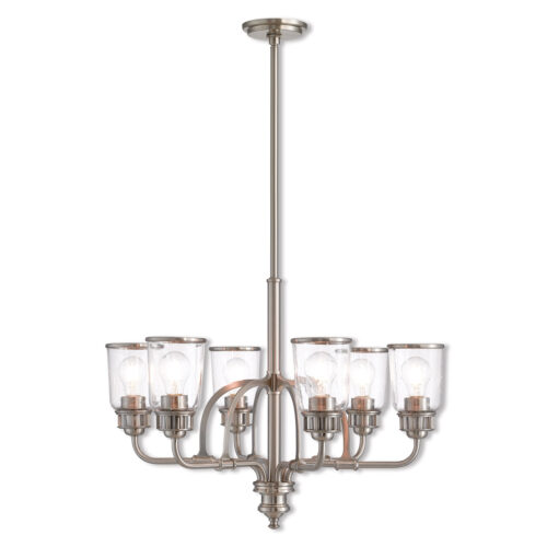 6 Light Brushed Nickel Chandelier with Hand Blown Clear Seeded Glass Shade-Lighting LumensChandeliers