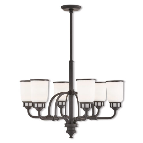 6 Light Bronze Chandelier with Hand Blown Satin Opal Glass Shade-Lighting LumensChandeliers