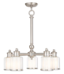 5 Light Brushed Nickel Dinette Chandelier with Clear Glass & Satin Opal White Glass Shade-Lighting LumensChandeliers