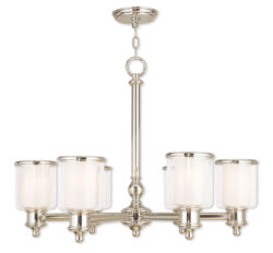 6 Light Polished Nickel Chandelier with Clear Glass & Satin Opal White Glass Shade-Lighting LumensChandeliers