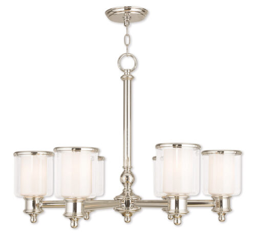 6 Light Polished Nickel Chandelier with Clear Glass & Satin Opal White Glass Shade-Lighting LumensChandeliers