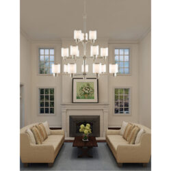 18 Light Brushed Nickel Foyer Chandelier with Clear Glass & Satin Opal White Glass Shade-Lighting LumensChandeliers