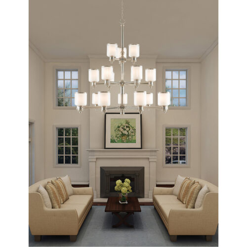 18 Light Brushed Nickel Foyer Chandelier with Clear Glass & Satin Opal White Glass Shade-Lighting LumensChandeliers