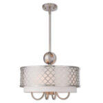 5 Light Brushed Nickel Pendant Chandelier with Hand Crafted Off-White Fabric Shade-Lighting LumensChandeliers