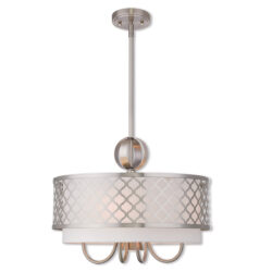 5 Light Brushed Nickel Pendant Chandelier with Hand Crafted Off-White Fabric Shade-Lighting LumensChandeliers