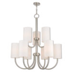 9 Light Brushed Nickel Foyer Chandelier with Hand Crafted Off-White Fabric Outside & White Fabric Inside Hardbacks Shade-Lighting LumensChandeliers