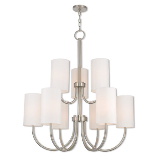 9 Light Brushed Nickel Foyer Chandelier with Hand Crafted Off-White Fabric Outside & White Fabric Inside Hardbacks Shade-Lighting LumensChandeliers