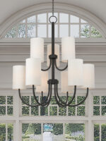 9 Light English Bronze Foyer Chandelier with Hand Crafted Oatmeal Color Fabric Outside & White Fabric Inside Hardbacks Shade-Lighting LumensChandeliers