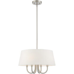 4 Light Brushed Nickel Pendant Chandelier with Hand Crafted Off-White Fabric Hardback Shade-Lighting LumensPendant Lights