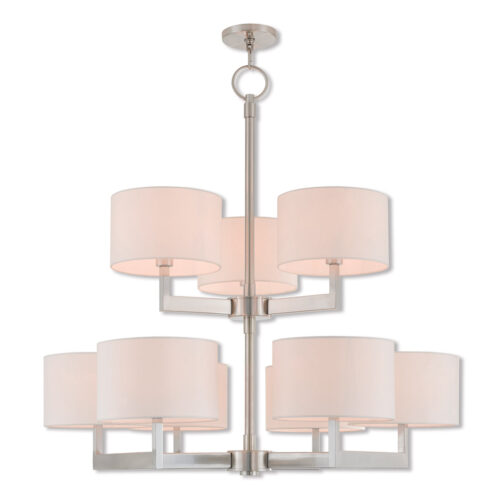 9 Light Brushed Nickel Foyer Chandelier with Hand Crafted Off-White Fabric Outside & White Fabric Inside Hardback Shade-Lighting LumensChandeliers