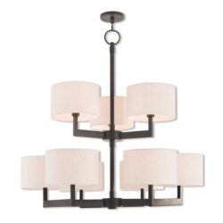 9 Light Bronze Foyer Chandelier with Hand Crafted Oatmeal Color Fabric Outside & White Fabric Inside Hardback Shade-Lighting LumensChandeliers