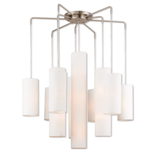 9 Light Brushed Nickel Foyer Chandelier with Hand Crafted Off-White Fabric Outside & White Fabric Inside Hardbacks Shade-Lighting LumensChandeliers