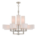 12 Light Brushed Nickel Foyer Chandelier with Hand Crafted Off-White Fabric Outside & White Fabric Inside Hardbacks Shade-Lighting LumensChandeliers