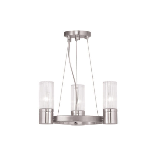 3 Light Brushed Nickel Mini Chandelier with Hand Crafted Clear Fluted Glass Shade-Lighting LumensChandeliers