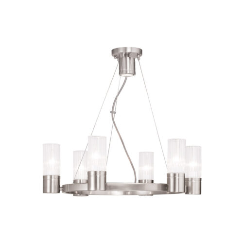 6 Light Brushed Nickel Chandelier with Hand Crafted Clear Fluted Glass Shade-Lighting LumensChandeliers