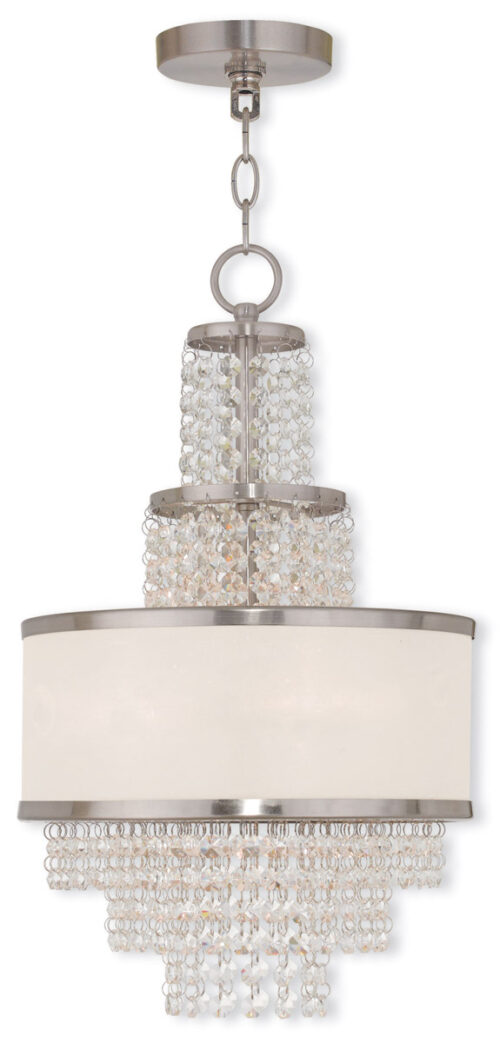 3 Light Brushed Nickel Mini Chandelier with Clear Crystals/ Hand Crafted Off-White Sheer Organza Shade-Lighting LumensChandeliers