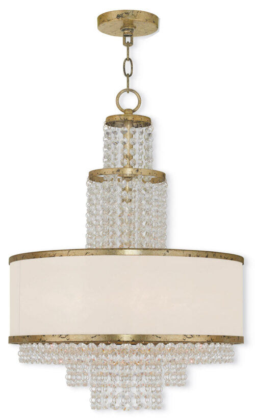 5 Light Winter Gold Chandelier with Clear Crystals/ Hand Crafted Off-White Sheer Organza Shade-Lighting LumensChandeliers