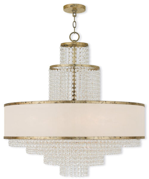 8 Light Winter Gold Chandelier with Clear Crystals/ Hand Crafted Off-White Sheer Organza Shade-Lighting LumensChandeliers