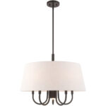 6 Light English Bronze Pendant Chandelier with Hand Crafted Oatmeal Fabric Hardback Shade-Lighting LumensPendant Lights