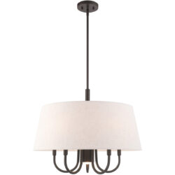 6 Light English Bronze Pendant Chandelier with Hand Crafted Oatmeal Fabric Hardback Shade-Lighting LumensPendant Lights