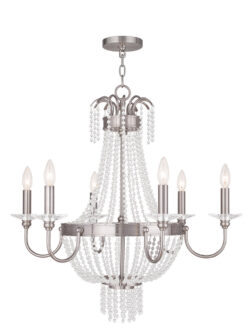 6 Light Brushed Nickel Chandelier with Clear Crystals Shade-Lighting LumensChandeliers