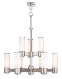 9 Light Brushed Nickel Chandelier with Hand Blown Satin Opal White Glass Shade-Lighting LumensChandeliers