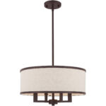 4 Light Bronze Pendant Chandelier with Hand Crafted Ash-Gray Linen Fabric Hardback Shade-Lighting LumensPendant Lights