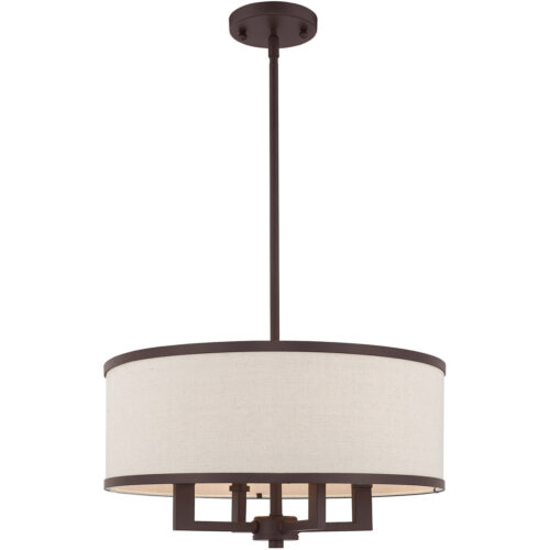 4 Light Bronze Pendant Chandelier with Hand Crafted Ash-Gray Linen Fabric Hardback Shade-Lighting LumensPendant Lights