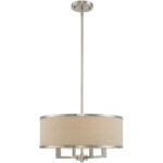 4 Light Brushed Nickel Pendant Chandelier with Hand Crafted Ash-Gray Linen Fabric Hardback Shade-Lighting LumensPendant Lights