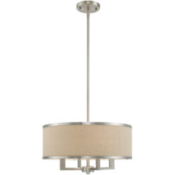 4 Light Brushed Nickel Pendant Chandelier with Hand Crafted Ash-Gray Linen Fabric Hardback Shade-Lighting LumensPendant Lights