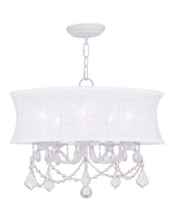 5 Light White Chandelier with Off White Silk Shimmer Shade-Lighting LumensChandeliers