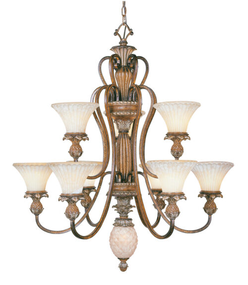 9 Light Venetian Patina Chandelier with Vintage Carved Scavo Glass Shade-Lighting LumensChandeliers