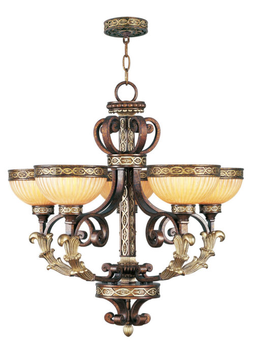 5 Light Palacial Bronze with Gilded Accents Chandelier with Hand Crafted Gold Dusted Art Glass Shade-Lighting LumensChandeliers