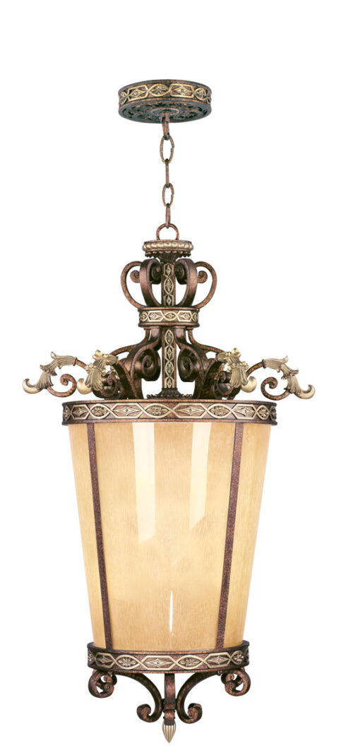 6 Light Palacial Bronze with Gilded Accents Foyer with Hand Crafted Gold Dusted Art Glass Shade-Lighting LumensChandeliers