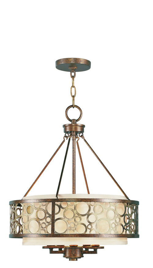 3 Light Palacial Bronze with Gilded Accents Ceiling Light fixture with Hand Painted Gold Dusted Art Glass Shade-Lighting LumensChandeliers