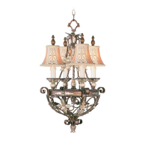 4 Light Palacial Bronze with Gilded Accents Chandelier with Hand Embroidereds & Decorative Finials Shade-Lighting LumensChandeliers