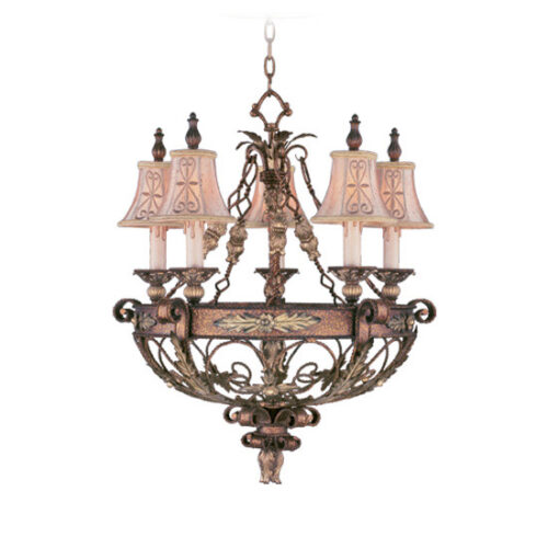 5 Light Palacial Bronze with Gilded Accents Chandelier with Hand Embroidereds & Decorative Finials Shade-Lighting LumensChandeliers