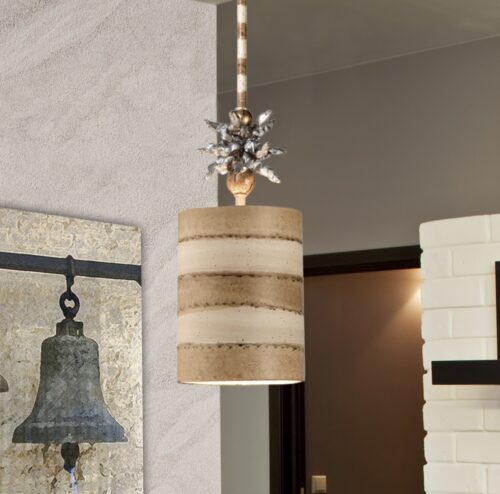 Hanging Modern Anemone II Small Pendant Stripe Shade Whimsical Island Kitchen Lighting Fixture Pendant Ceiling Lighting Fixture Taupe and cream with gold and silver leaf elements for Kitchen Island Dining Room Farmhouse Entryway Foyer Table Hallway-Lighting LumensPendant Lights