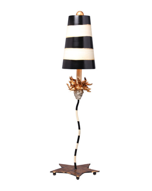 Modern Black & White Striped Shaded La Fleur Buffet Table Lamp with Distressed Gold Accents for Living Room, Kids Room, College Dorm, Office Curvy black and taupe metal stem with gold leaf base and blossom element-Lighting LumensAccent Lamp