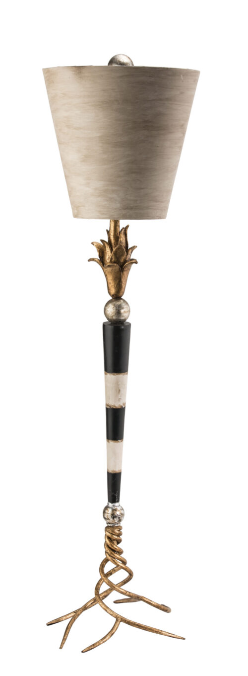 Modern Flambeau Dressy Buffet Table Lamp in Black Striped Distressed Gold for Living Room, Kids Room, College Dorm, Office Black and cream striped stem with gold and silver leaf elements-Lighting LumensAccent Lamp