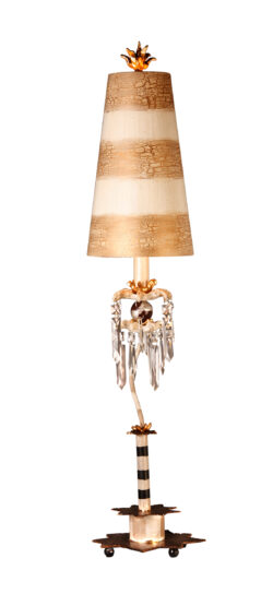 Modern Birdland Whimsical Striped Shaded Buffet Table Lamp for Living Room, Kids Room, College Dorm, Office Black and putty striped stem with gold leaf accents and crystal clusters-Lighting LumensAccent Lamp