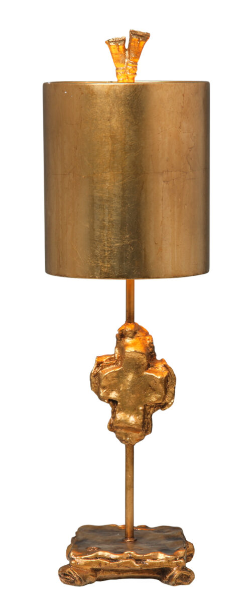 Modern Cross Gold Accent Table Lamp in Lucas McKearn's Distressed Finish for Living Room, Kids Room, College Dorm, Office Gold leaf stem with carved cross on complementing mounting-Lighting LumensAccent Lamp