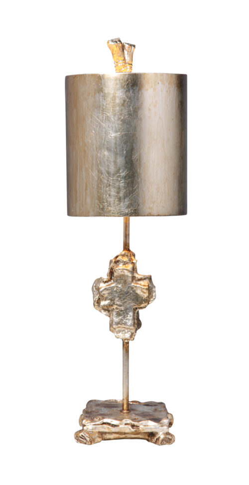 Modern Cross Silver Table Lamp In Lucas McKearn's Distressed Finish for Living Room, Kids Room, College Dorm, Office Silver leaf stem with carved cross on complementing mounting-Lighting LumensAccent Lamp