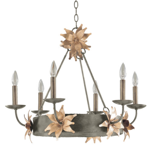 Modern Hanging Simone 6lt Rustic Metal Steel Silver Chandelier Pendant Ceiling Lighting Fixture Silver with gold leave blossom for Dining Room Bedroom Kitchen Island Living Room-Lighting LumensPendant Lights