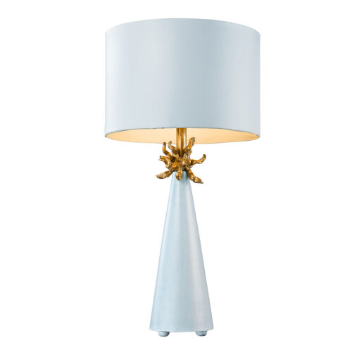 Modern Neo Light Blue Grey Buffet Table Lamp with Distressed Gold accents for Living Room, Kids Room, College Dorm, Office Le Ciel Blue cone with gold leafed anemone and lamp holder-Lighting LumensAccent Lamp