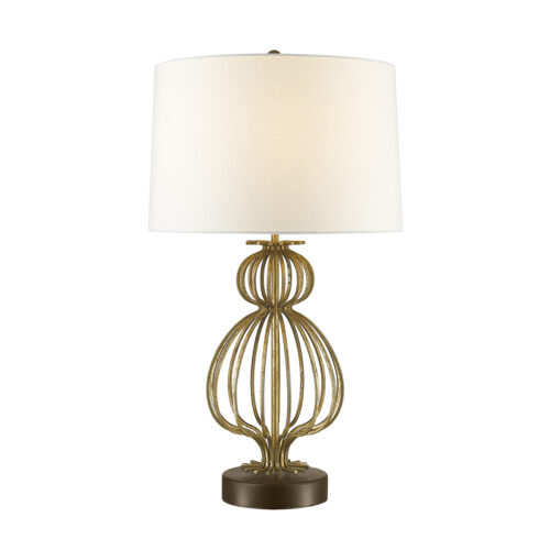 Modern Lafitte Distressed Buffet Table Lamp with White Fabric Drum shade for Living Room, Kids Room, College Dorm, Office Glazed Gilt Steel Body, Steel Aged Gold Base-Lighting LumensAccent Lamp