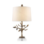 Modern Audubon Park Outdoor Inspired Distressed Gold Buffet Accent Table Lamp Gold for Living Room, Kids Room, College Dorm, Office Distressed Gold cast metal tree on a Crystal glass, oblong base-Lighting LumensAccent Lamp