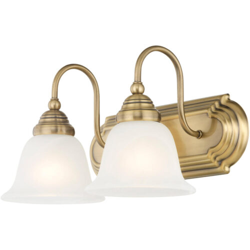 14 inch 2 Light Antique Brass Bathroom Vanity light fixture with White Alabaster Glass Shade-Lighting LumensBath/Vanity